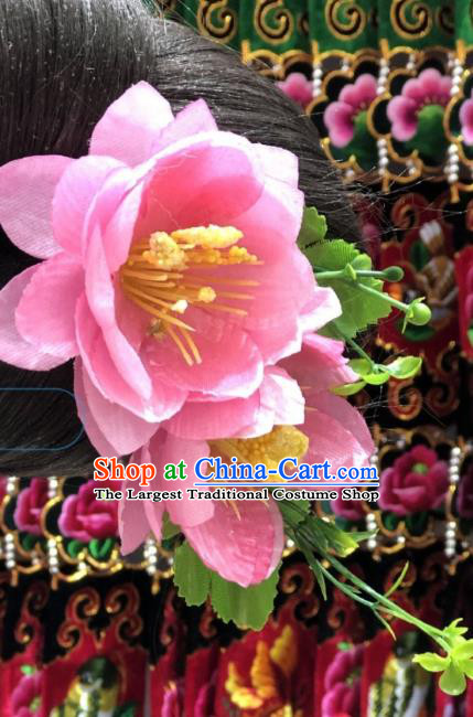China Ethnic Wedding Hair Accessories Miao Minority Nationality Women Headwear Handmade Pink Lotus Hair Stick