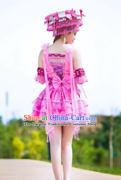 Top Grade Stage Performance Clothing Ethnic Folk Dance Apparels China Miao Minority Women Pink Costume with Rosy Beads Tassel Headwear