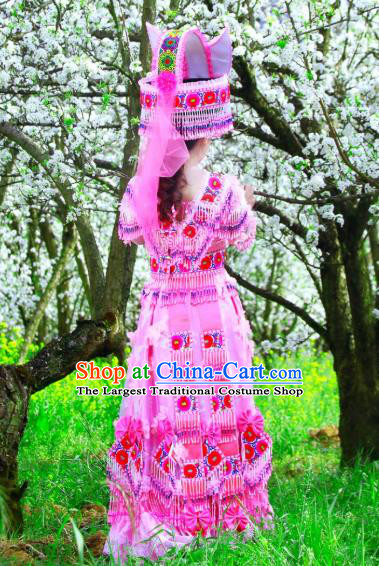 China Ethnic Bride Apparels Tujia Minority Women Pink Costume Top Grade Stage Performance Clothing with Headpieces