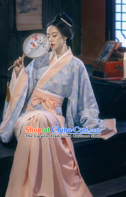 Chinese Qin Dynasty Palace Princess Costumes Ancient Court Lady Blue Curving Front Robe and Skirt Traditional Hanfu Dresses