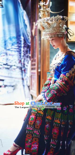 China Leishan Miao Ethnic Bride Clothing Traditional Guizhou Nationality Minority Festival Embroidered Blue Blouse and Skirt with Headdress