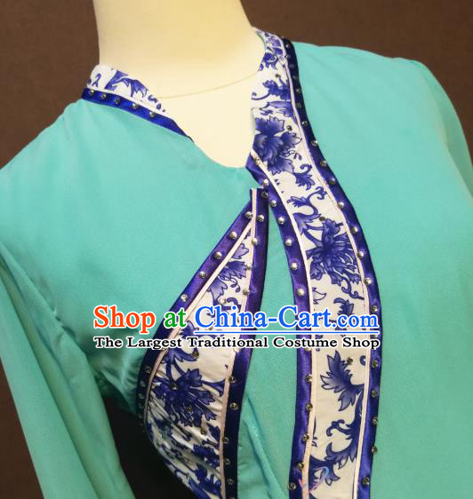China Folk Dance Costumes Fan Dance Dress Spring Festival Gala Blue Blouse and Pants Outfits