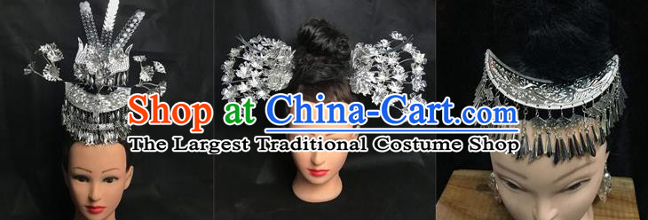 China Miao Minority Nationality Hair Accessories Handmade Dong Ethnic Folk Dance Headdress Phoenix Hair Crown Tassel Hair Comb and Hairpins Full Set