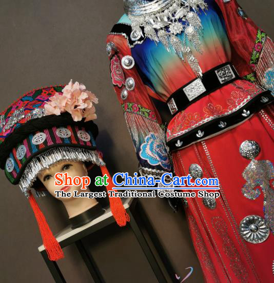 China Traditional Miao Nationality Costumes Ethnic Folk Dance Clothing Minority Wedding Dress and Headwear for Women
