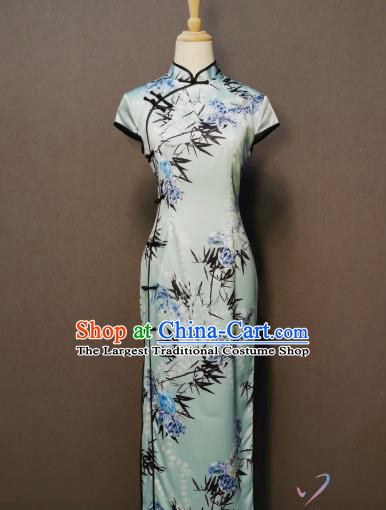 China Printing Bamboo Qipao Dress Shanghai Traditional Long Style Cheongsam Classical Catwalks Clothing