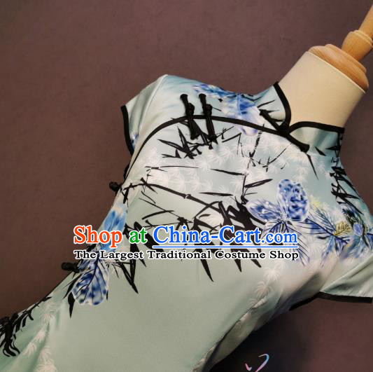 China Printing Bamboo Qipao Dress Shanghai Traditional Long Style Cheongsam Classical Catwalks Clothing