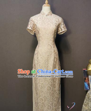 Traditional Shanghai Beige Lace Qipao Dress Republic of China Clothing Classical Dance Cheongsam
