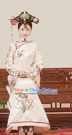 Chinese Qing Dynasty Manchu Princess Costumes Traditional Ancient Court Lady Embroidered Orchids Dress and Headpieces