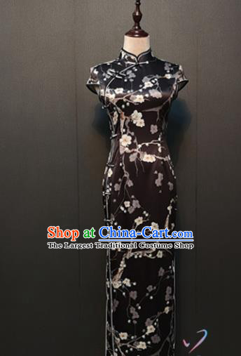 Republic of China Black Silk Cheongsam Drama Performance Classical Dance Clothing Shanghai Plum Blossom Pattern Qipao Dress