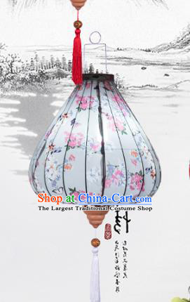 Handmade Chinese Printing Flowers Light Blue Palace Lanterns Traditional New Year Lantern Classical Festival Cloth Lamp