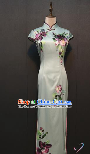 Custom Printing Flowers Light Green Silk Cheongsam Drama Performance Clothing Republic of China Women Classical Qipao Dress