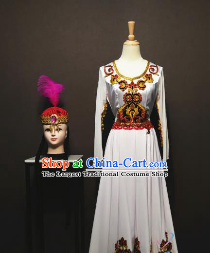 Custom China Uyghur Ethnic Clothing Traditional Minority Folk Dance Costumes Xinjiang Nationality White Dress with Hat Full Set