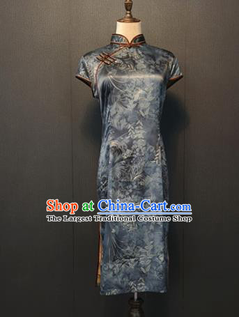 Custom Republic of China Navy Silk Cheongsam China Traditional Women Clothing Shanghai Classical Mother Short Qipao Dress