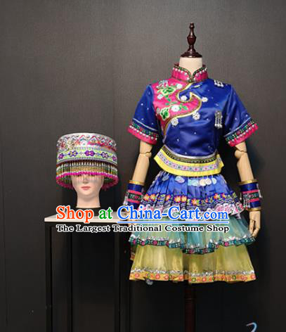 Custom Miao Nationality Blue Blouse and Short Skirt China Ethnic Woman Clothing Traditional Minority Dance Costumes and Headwear