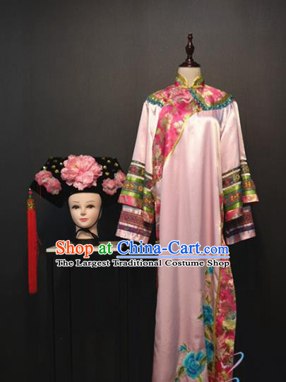 Chinese Qing Dynasty Palace Lady Clothing Traditional Stage Performance Pink Dress Ancient Manchu Princess Costume and Headdress