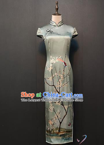 Custom Stage Performance Clothing Classical Cheongsam Compere Printing Plum Blossom Silk Qipao Dress