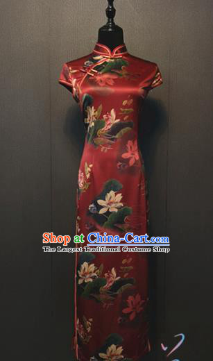 Custom China Traditional Cheongsam Annual Meeting Clothing Compere Printing Lotus Red Silk Wedding Qipao Dress