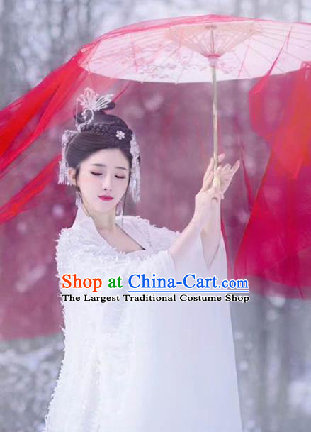 Traditional Chinese Tang Dynasty Royal Princess Costumes Ancient Goddess White Hanfu Dress and Hair Accessories Complete Set