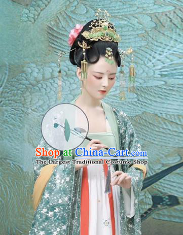 Chinese Ancient Goddess Costumes Traditional Tang Dynasty Princess Light Green Chiffon Hanfu Dress Apparels and Hair Accessories