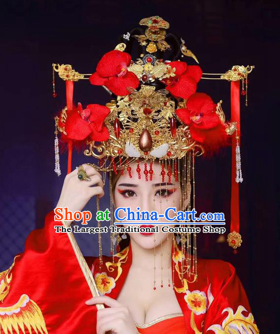 Chinese Ancient Bridal Dress Traditional Tang Dynasty Wedding Apparels Princess Red Costumes and Headdress Complete Set