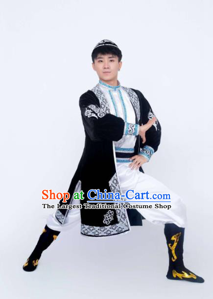 Custom China Xinjiang Ethnic Folk Dance Clothing Traditional Minority Stage Show Costumes Uyghur Nationality Black Outfits and Hat