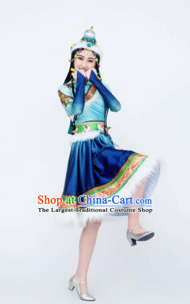 Custom China Tibetan Ethnic Clothing Traditional Minority Female Costumes Zang Nationality Folk Dance Blue Dress and Hat