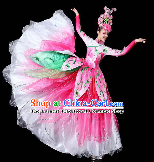 China Lotus Dance Pink Dress Traditional Modern Dance Costume Spring Festival Gala Stage Performance Clothing and Headwear