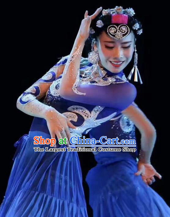 China Yi Ethnic Dance Clothing Custom Traditional Yi Minority Nationality Stage Show Costumes Blue Dress and Hair Accessories
