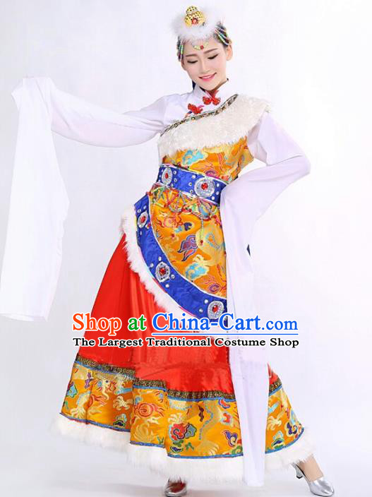 China Zang Minority Ethnic Folk Dance Dress Custom Traditional Tibetan Nationality Costumes Water Sleeve Clothing and Headdress