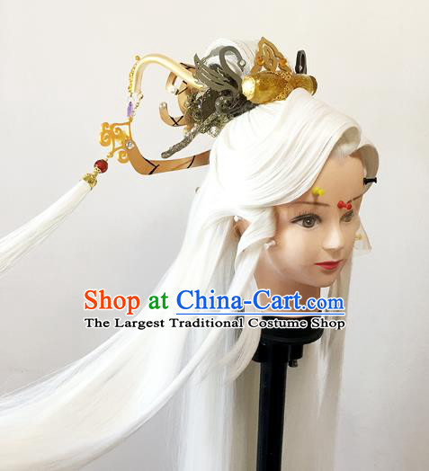 China BJD Swordsman White Wig Sheath Cosplay Ancient Taoist Priest Wigs and Hair Accessories