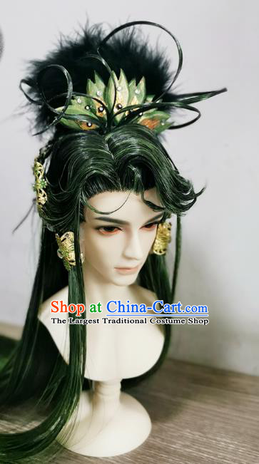 Handmade China Cosplay Royal Prince Wigs Ancient Swordsman BJD Noble Duke Kai Xuan Green Wig Sheath and Hair Accessories