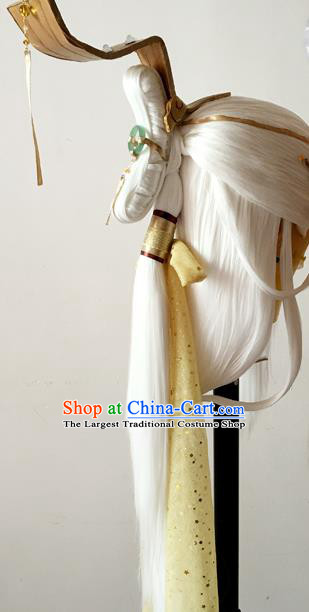 Handmade China Cosplay Taoist Priest White Wigs BJD Swordsman Wig Sheath Ancient Swordsman Hair Accessories