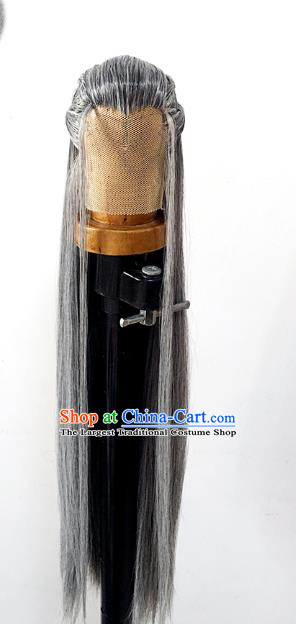 Handmade China Cosplay Ancient Knight Wigs BJD Swordsman Grey Wig Sheath