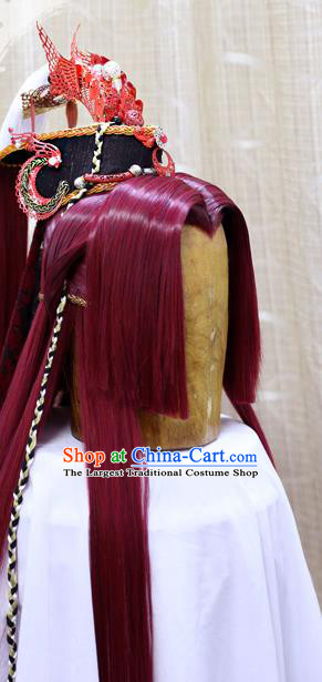 Handmade Cosplay Prince Wig Sheath China Ancient Swordsman Red Wigs Stage Performance Hair Accessories