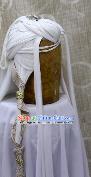Handmade Cosplay Knight White Wig Sheath China Ancient Swordsman Wigs and Hair Accessories
