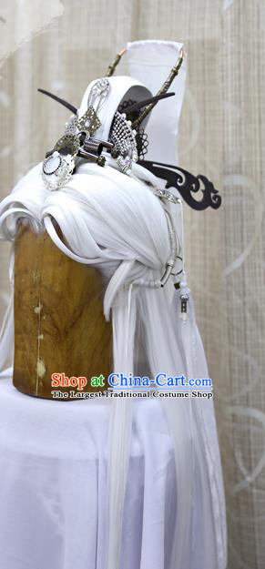 Cosplay Swordsman White Wig Sheath Handmade China Ancient Taoist Priest Wigs and Hair Crown