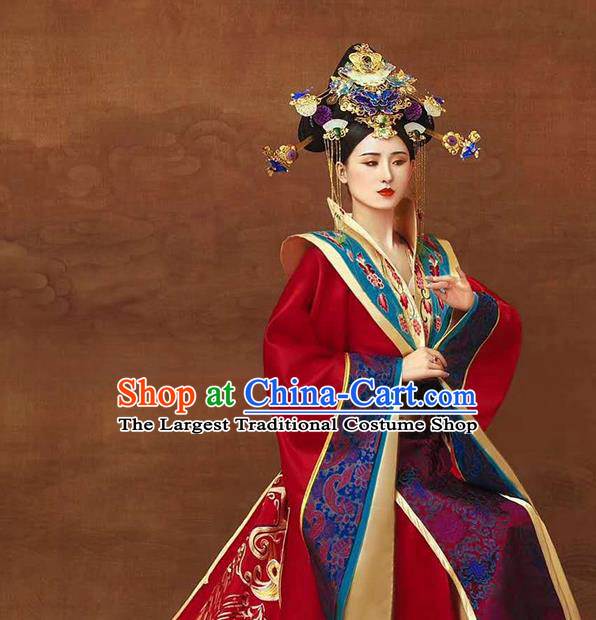 Chinese Ancient Imperial Consort Red Hanfu Dress Traditional Tang Dynasty Court Women Apparels Costumes and Headdress Complete Set