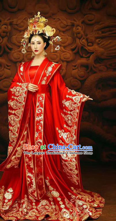 Chinese Traditional Tang Dynasty Costumes Ancient Princess Red Hanfu Dress Clothing and Phoenix Coronet Complete Set