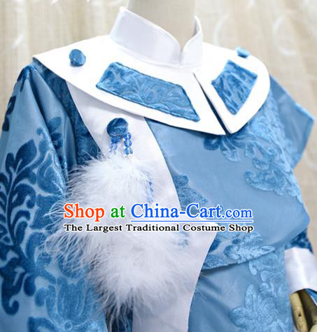 Cosplay Swordsman Fu Yingshi Costumes Custom China Ancient Taoist Priest Blue Clothing with Cape