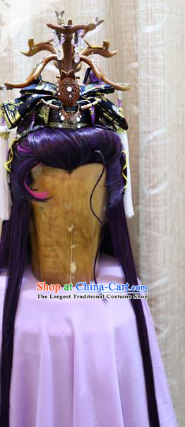 Cosplay Dragon King Wig Sheath Handmade China Ancient Swordsman Prince Purple Wigs Style and Hair Accessories
