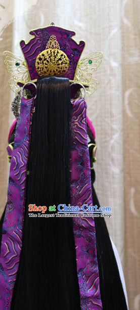 Cosplay Warrior Knight Wig Sheath Handmade China Ancient Swordsman Wigs Style and Purple Hair Crown