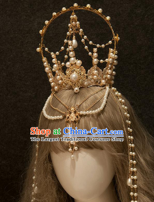 Halloween Cosplay Goddess Pearls Royal Crown Handmade Tassel Hair Accessories