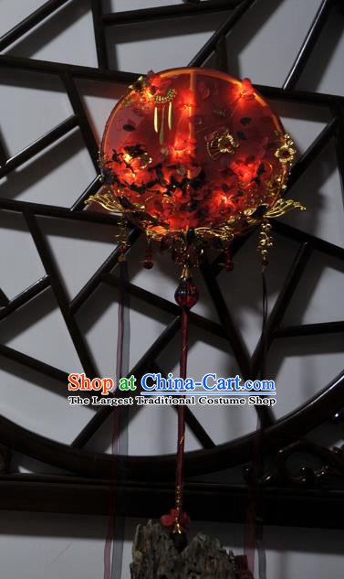 China Traditional Hanfu Fans Handmade Classical Wedding Palace Fan Red Silk Round Fan with LED Lights
