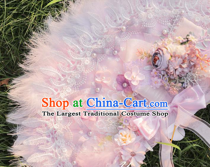 Handmade Versailles Folding Fans Classical Wedding Bride Pink Feather Fan