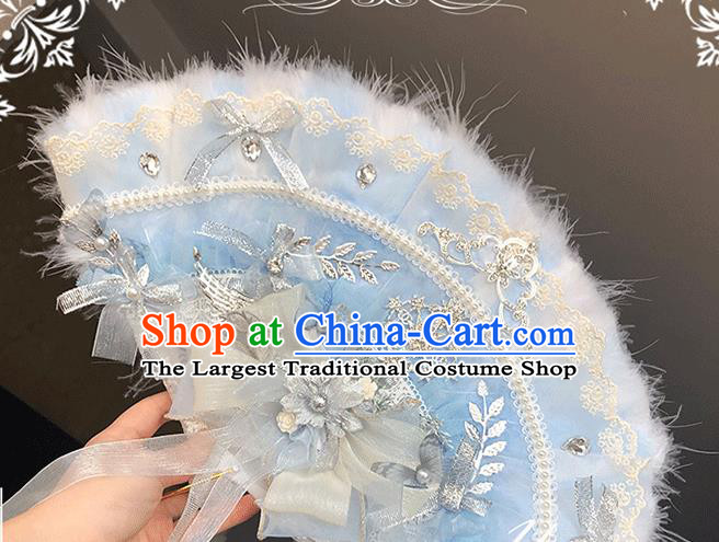 Handmade Wedding Blue Feather Folding Fans Classical Bride Fan Accordion