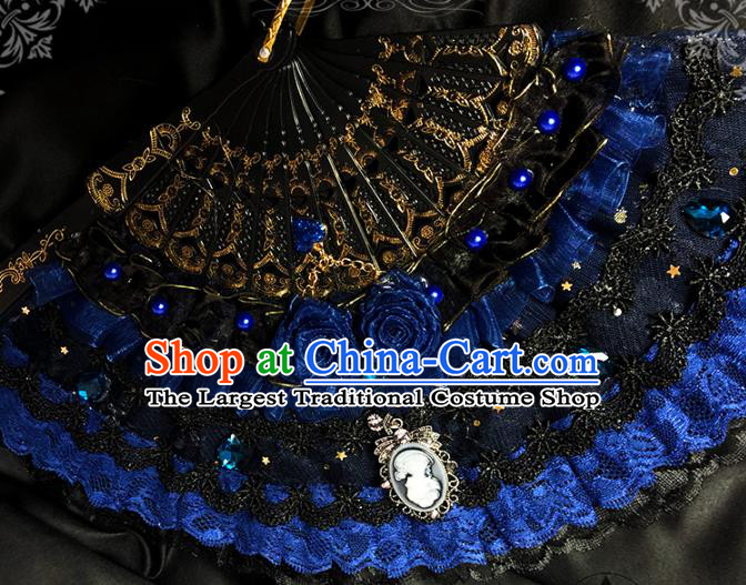 Handmade Blue Silk Roses Folding Fans Classical European Court Fan Victorian Era Lace Accordion