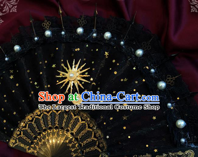 Handmade Black Lace Folding Fans Classical Gothic Princess Fan Victorian Era Hexagram Accordion