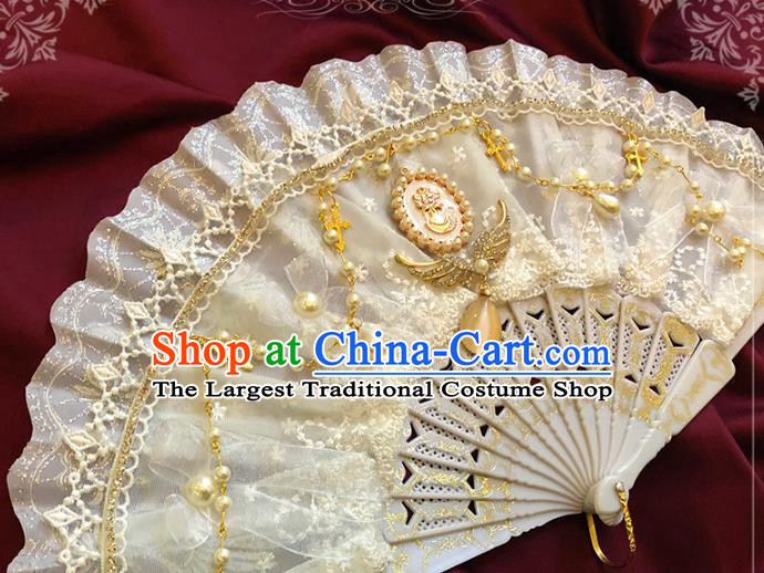 Handmade Beige Lace Folding Fans Classical Gothic Princess Wedding Fan Court Bride Accordion