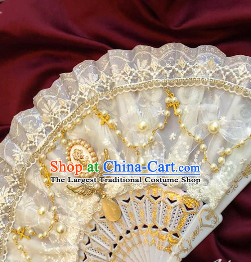Handmade Beige Lace Folding Fans Classical Gothic Princess Wedding Fan Court Bride Accordion