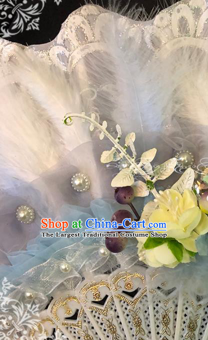 Handmade Retro White Feather Folding Fans Classical Princess Wedding Fan Court Bride Lace Accordion